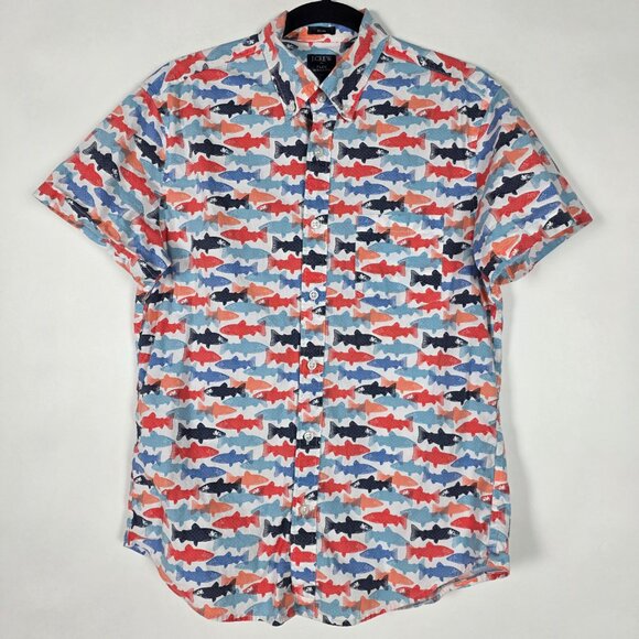 J Crew Slim Fit Colorful Fish Flex Washed Mens Medium Short Sleeve Button Shirt - Picture 1 of 6